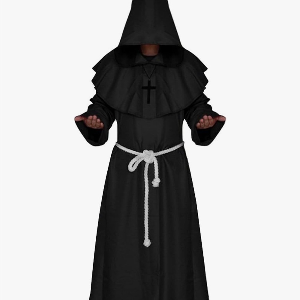 Friar Medieval Hooded Monk Priest Robe Tunic Black Clergy Robe with Cross Medium - Picture 7 of 13